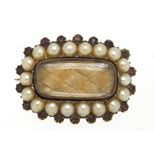 49 - Georgian gold coloured metal seed pearl and amethyst mourning brooch, 2.5cm in wide, 4.5g