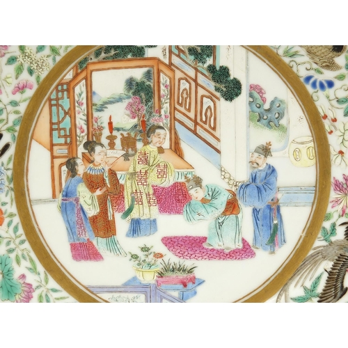 10 - Chinese porcelain plate finely hand painted in the famille rose palette with figures in a palace wit... 
