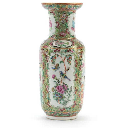 11 - Chinese Canton porcelain rouleau vase hand painted in the famille rose palette with figures and bird... 
