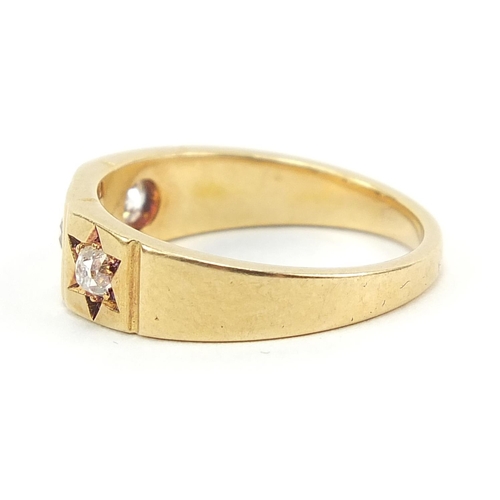51 - 18ct gold diamond three stone Gypsy ring, housed in a M L Millward box, size L/M, 4.8g