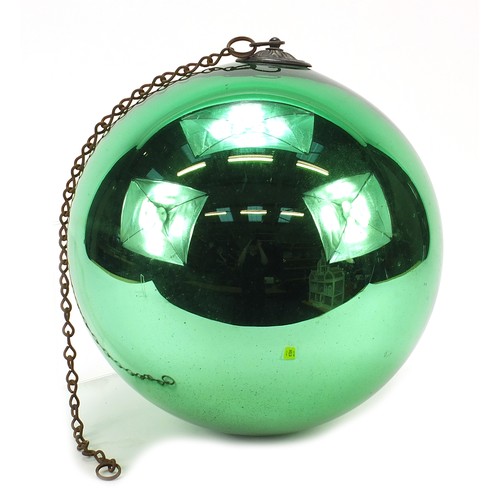 46 - Very large Victorian mirrored green glass witches ball, approximately 30cm in diameter