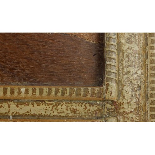 27 - Rowley Gallery, Arts & Crafts rectangular wall mirror with wooden marquetry panel inlaid with a figu... 