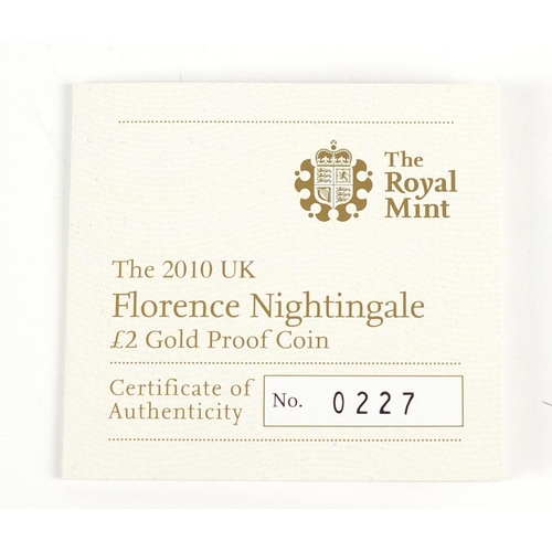 560 - Elizabeth II 2010 gold proof two pound coin commemorating Florence Nightingale, with box and certifi... 