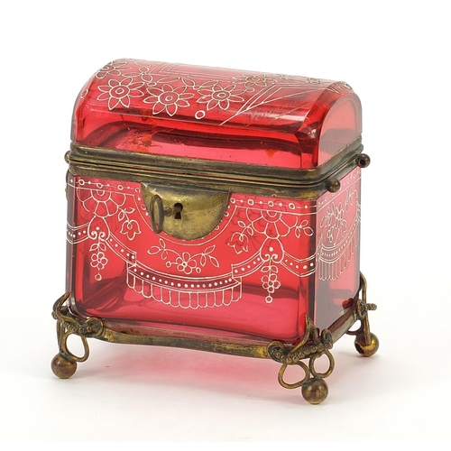 298 - 19th century cranberry glass dome top casket with bronzed mounts, 12cm H x 10cm H x 7cm D