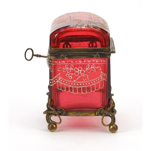 298 - 19th century cranberry glass dome top casket with bronzed mounts, 12cm H x 10cm H x 7cm D