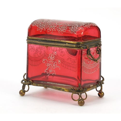 298 - 19th century cranberry glass dome top casket with bronzed mounts, 12cm H x 10cm H x 7cm D