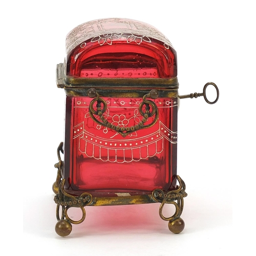 298 - 19th century cranberry glass dome top casket with bronzed mounts, 12cm H x 10cm H x 7cm D