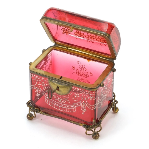 298 - 19th century cranberry glass dome top casket with bronzed mounts, 12cm H x 10cm H x 7cm D