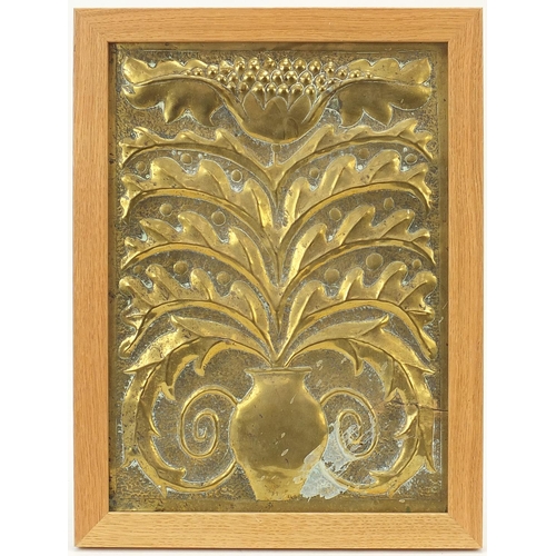 108 - Rectangular Cornish brass plaque embossed with flowers in a vase, impressed F R Pool Maker Hayle, fr... 