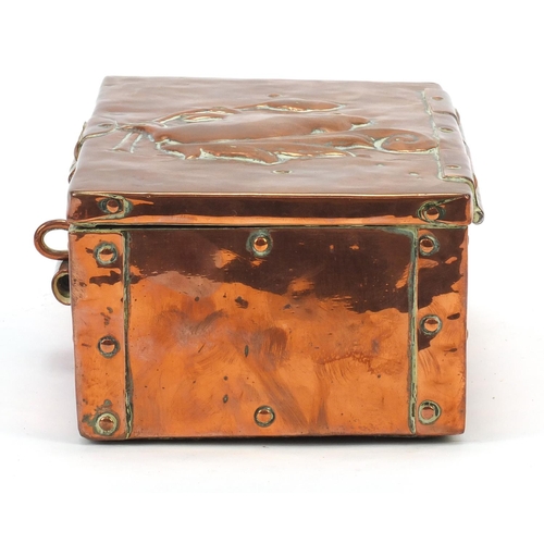 1 - John Pearson, Arts & Crafts copper casket embossed with a squirrel on an acorn tree, impressed JP to... 