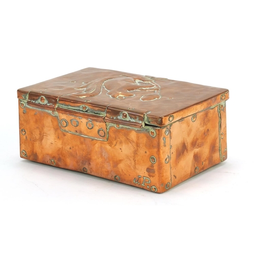 1 - John Pearson, Arts & Crafts copper casket embossed with a squirrel on an acorn tree, impressed JP to... 