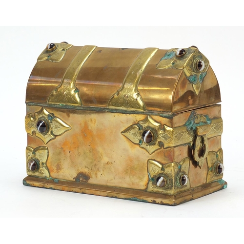 22 - Victorian Gothic style brass stationary box set with Scottish agate cabochons, 17cm H x 22cm W x 11.... 