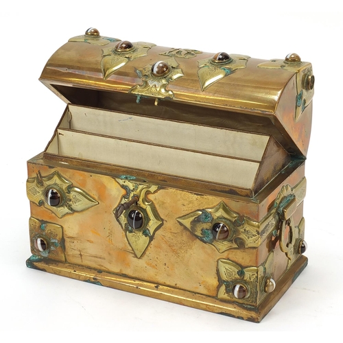 22 - Victorian Gothic style brass stationary box set with Scottish agate cabochons, 17cm H x 22cm W x 11.... 