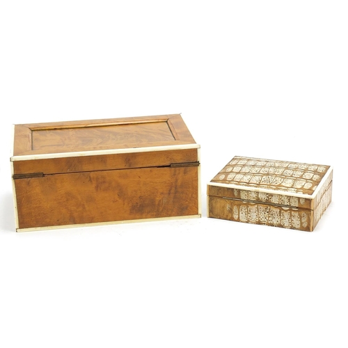 199 - Two 19th century ivory strung boxes including a taxidermy interest crocodile skin example, the large... 