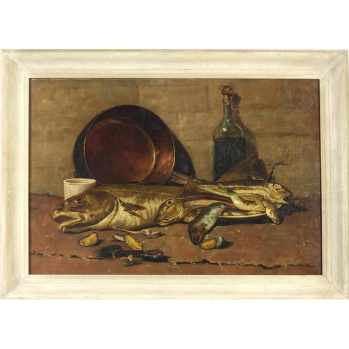 52 - Still life fish, copper pan, bottle, and shells, antique oil on canvas, framed, 73.5cm x 49.5cm excl... 