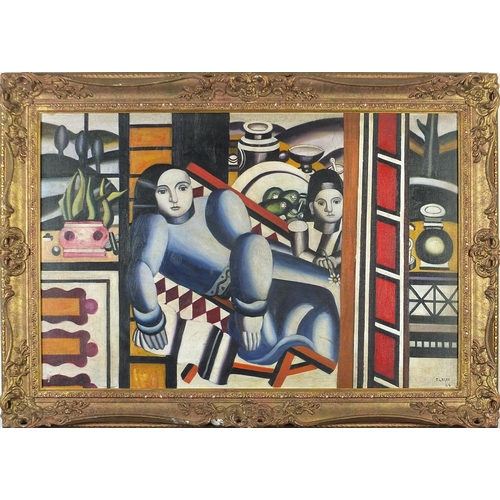 121 - Style of Fernand Leger - Two surreal figures, French Impressionist oil on board, framed, 74.5cm x 49... 