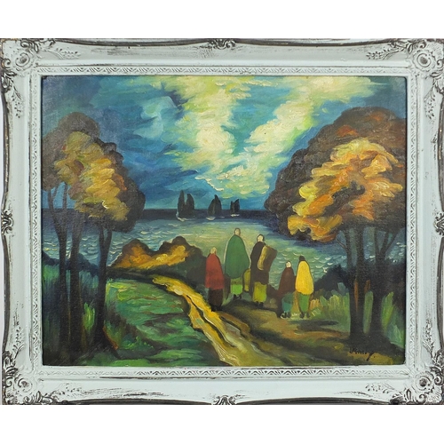 55 - Manner of Markey Robinson - Figures before water and boats, Irish school oil on board, framed, 49.5c... 