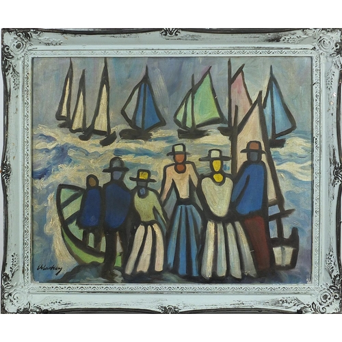53 - Manner of Markey Robinson - Figures before fishing boats, Irish school oil on board, framed, 49.5cm ... 