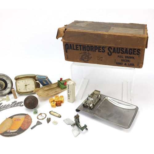 1927 - Objects including an advertising Palethorpes Sausage box and Smith's clock