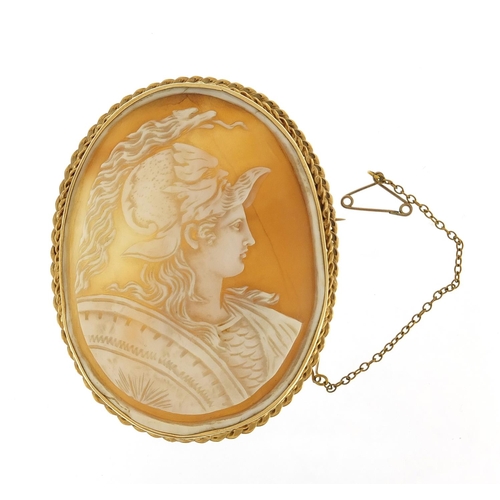 20 - Large well detailed gladiator cameo brooch with 9ct gold mount, 7cm high, 27.4g