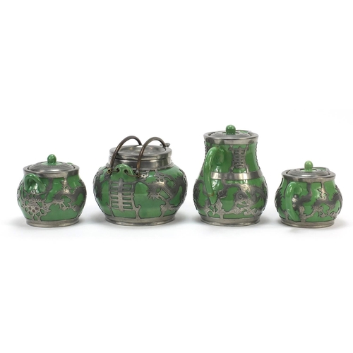 240 - Chinese pewter mounted pottery four piece tea set comprising two jugs, sugar bowl and teapot, the pe... 