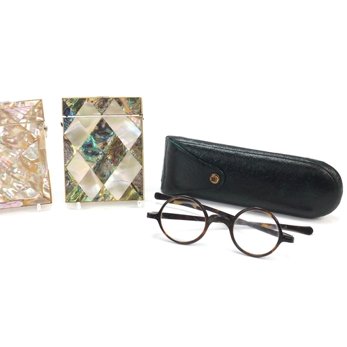 29 - Antique and later objects including two Victorian mother of pearl and abalone calling card cases, Me... 