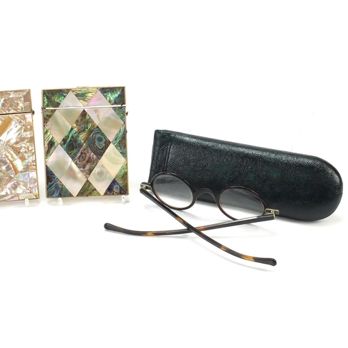 29 - Antique and later objects including two Victorian mother of pearl and abalone calling card cases, Me... 
