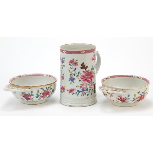 64 - Chinese porcelain tankard and two dishes, each hand painted in the famille rose palette with flowers... 