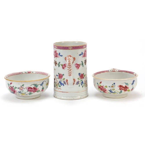 64 - Chinese porcelain tankard and two dishes, each hand painted in the famille rose palette with flowers... 