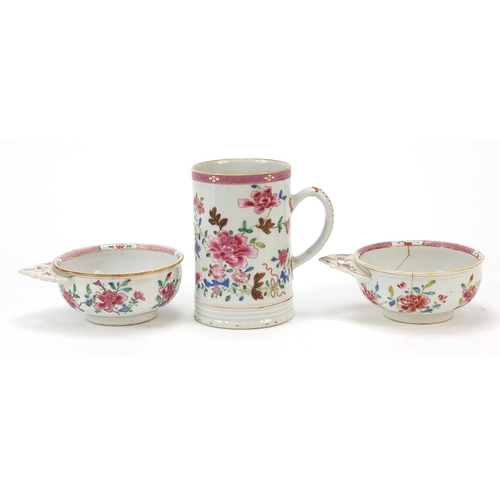 64 - Chinese porcelain tankard and two dishes, each hand painted in the famille rose palette with flowers... 