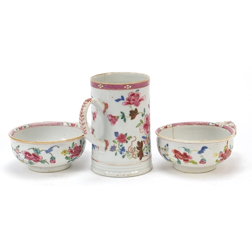 64 - Chinese porcelain tankard and two dishes, each hand painted in the famille rose palette with flowers... 