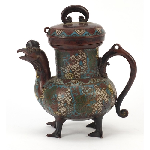 243 - Chinese cloisonné bird teapot enamelled with flowers, four figure character marks to the base, 20cm ... 