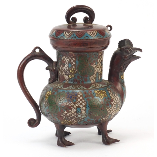 243 - Chinese cloisonné bird teapot enamelled with flowers, four figure character marks to the base, 20cm ... 