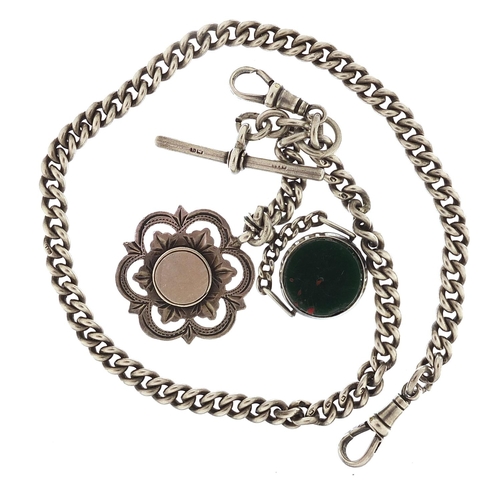 269 - Silver watch chain with T bar, jewel and bloodstone fob, 36cm in length, total 60.0g