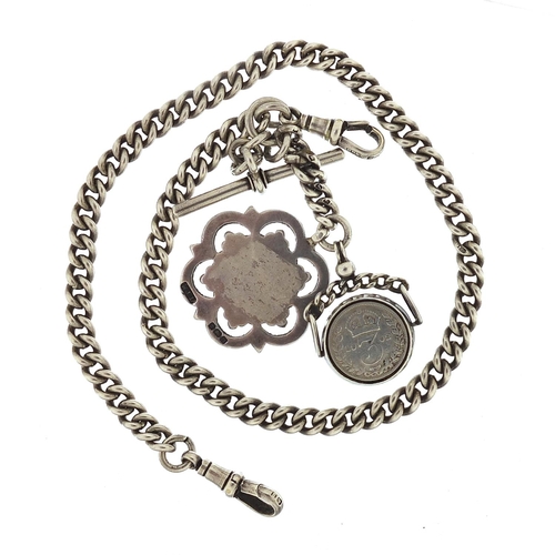 269 - Silver watch chain with T bar, jewel and bloodstone fob, 36cm in length, total 60.0g