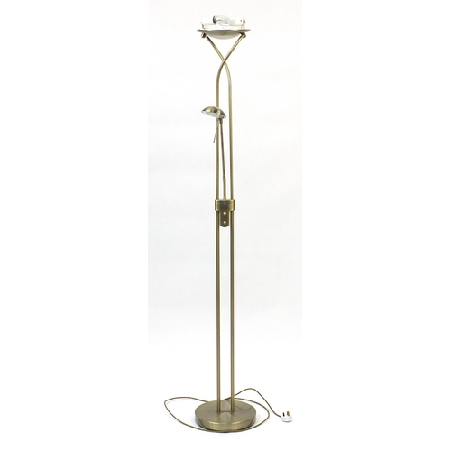 1030 - Polished metal standard lamp with adjustable reading lamp, 175cm high