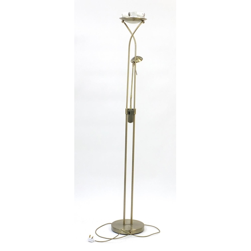 1030 - Polished metal standard lamp with adjustable reading lamp, 175cm high