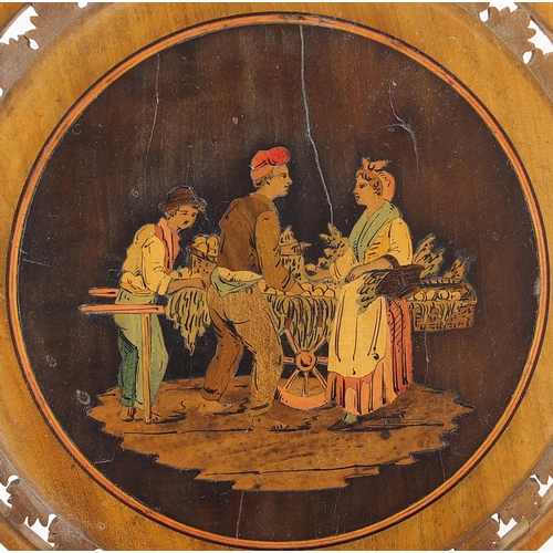 198 - Italian Sorrento ware hand mirror inlaid with three peasants, 33cm in length