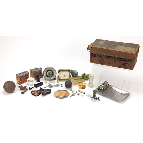 1927 - Objects including an advertising Palethorpes Sausage box and Smith's clock