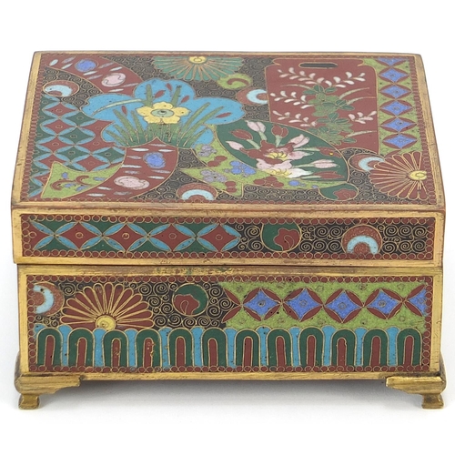 66 - Japanese gilt metal and cloisonné casket enamelled with flowers, 5cm H x 9cm W x 7.5cm D