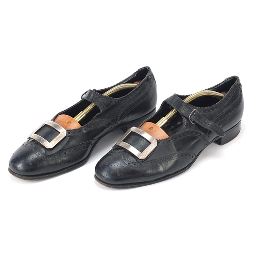 2306 - Pair of vintage black leather shoes with unmarked silver buckles, size 10