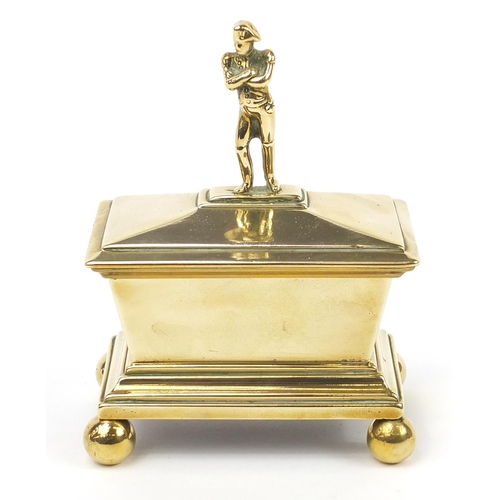 180 - Victorian Napoleon design tobacco box with lead lining, 16cm H x 11.5cm W x 9cm D