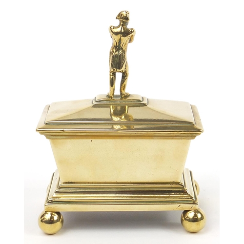 180 - Victorian Napoleon design tobacco box with lead lining, 16cm H x 11.5cm W x 9cm D