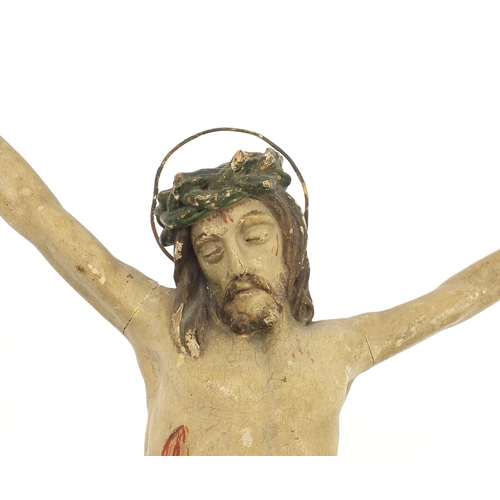 138 - Antique painted lacquered wood carving of Christ with crown of thorns, possibly German, 53cm high