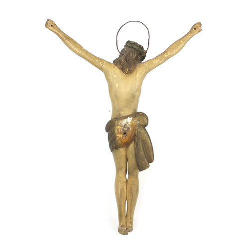 138 - Antique painted lacquered wood carving of Christ with crown of thorns, possibly German, 53cm high