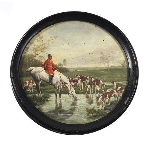 93 - Huntsman with hounds, 19th century circular oil on board, framed, 26cm in diameter excluding the fra... 