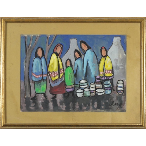 258 - Manner of Markey Robinson - Figures before trees and buildings, Irish school gouache, mounted, frame... 