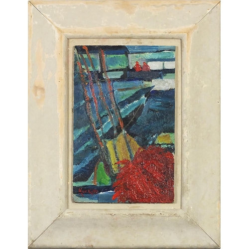 262 - Manner of Ken Kiff - Abstract composition with figures, oil on board, mounted and framed, 24.5cm x 1... 