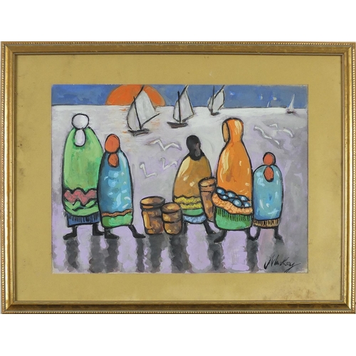 259 - Manner of Markey Robinson - Figures looking out to sea, Irish school gouache, mounted, framed and gl... 