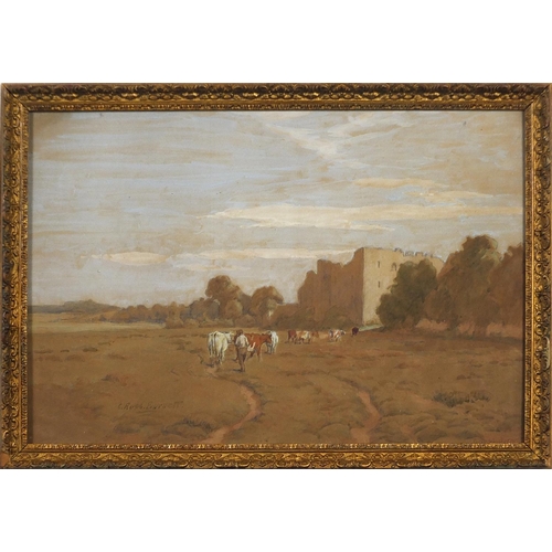 254 - Cecil Ross Burnett - Driver and cattle before a castle, watercolour, framed and glazed, 44.5cm x 30c... 